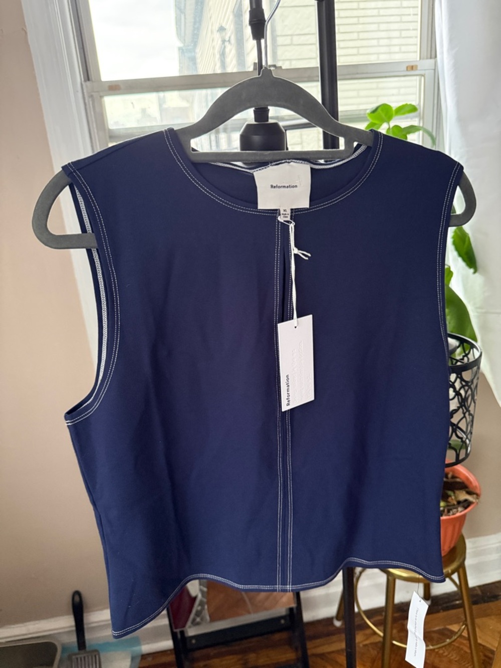 Reformation Navy Sleeveless Top with Contrast White Stitching